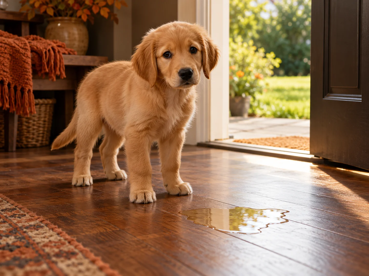 Puppy beside an indoor toilet accident with an open garden door behind
