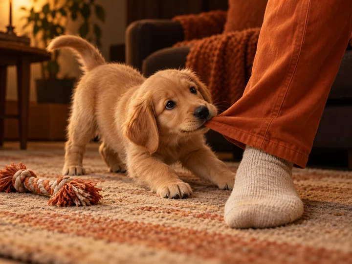 Puppy biting a trouser cuff while ignoring a nearby toy
