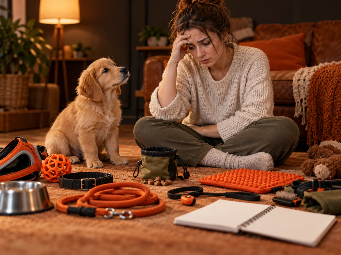 Overwhelmed owner surrounded by puppy training equipment