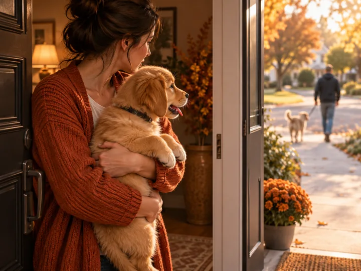 Owner holding a curious puppy at the doorway while watching the outside world