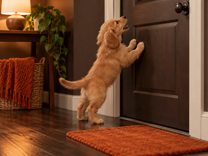 Puppy barking and pawing at a closed door