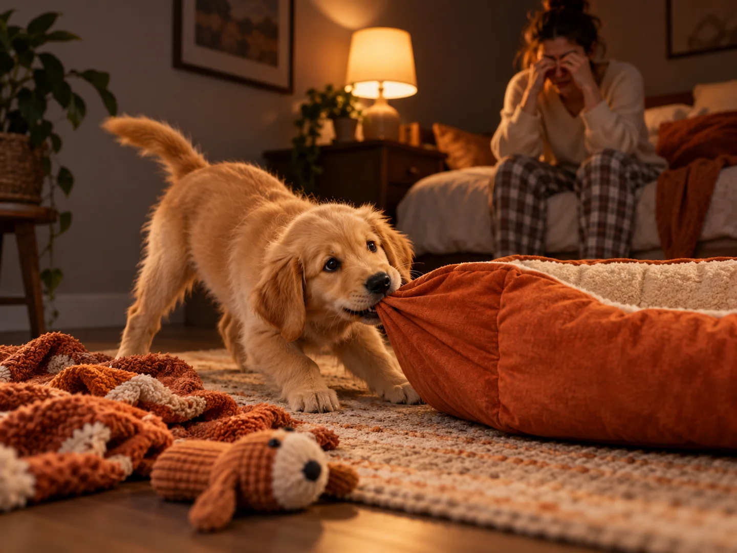 Restless puppy pulling at bedding while a tired owner watches