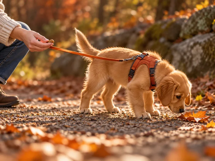 Puppy ignoring an offered treat to investigate a leaf outdoors