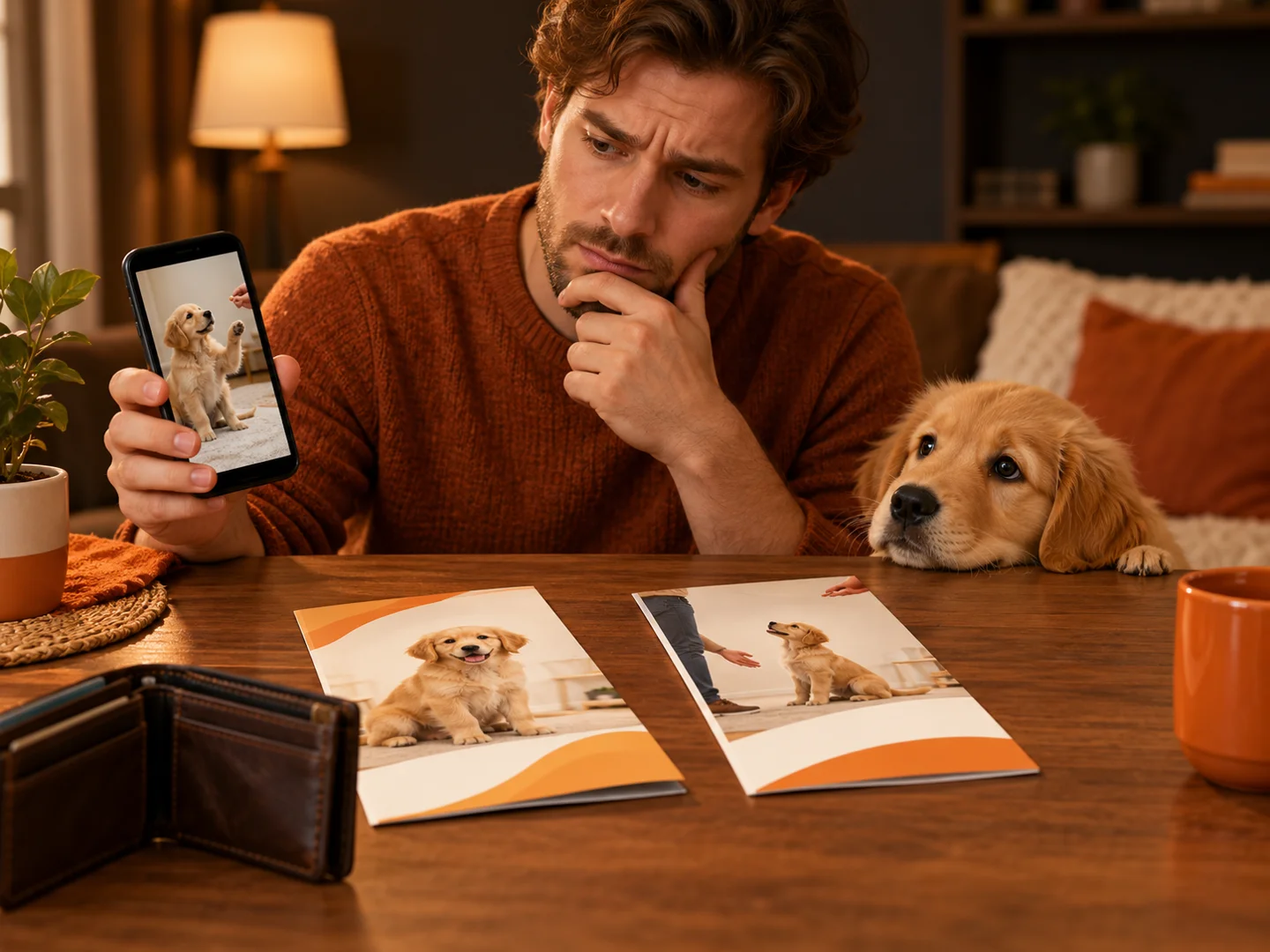 Owner comparing puppy training videos and brochures beside a wallet