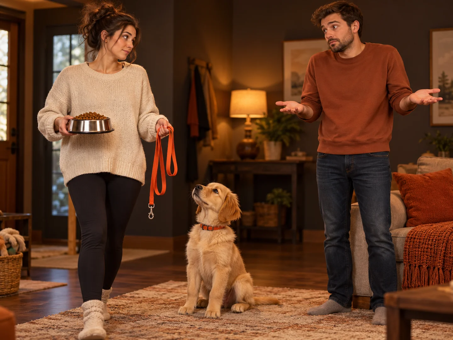 One caregiver holding food and lead while another looks unsure what to do