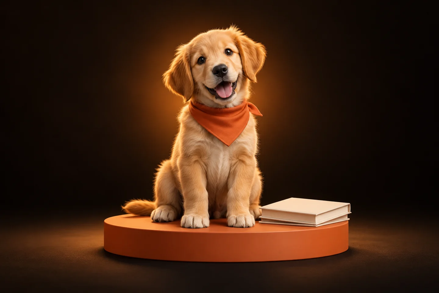 Golden puppy on an orange platform beside two workbooks