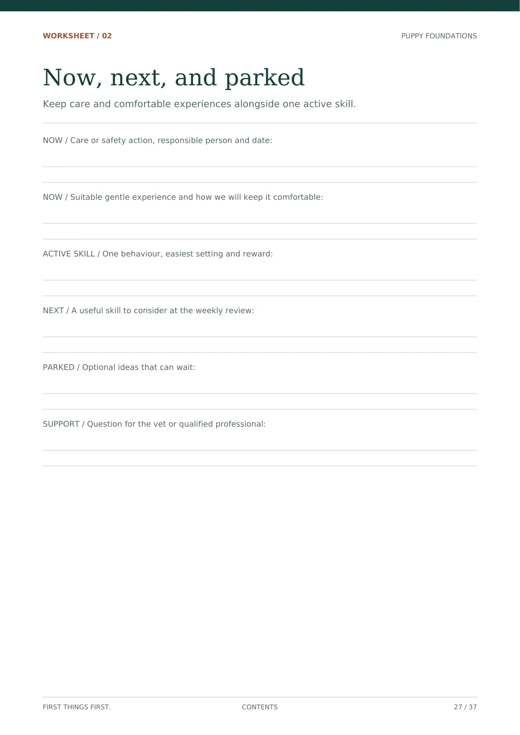 Actual Now, next, and parked worksheet from First Things First